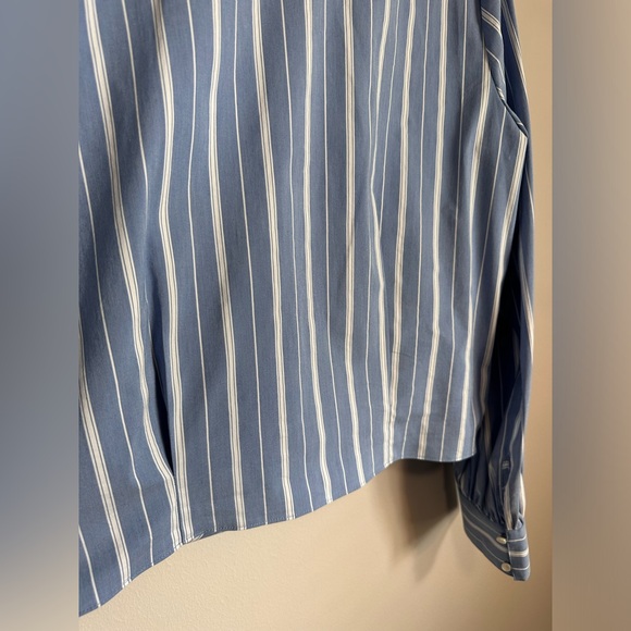 Theory Quincy Striped Faux Wrap Long-Sleeve Top - Blue & White Striped - Large - Picture 15 of 17